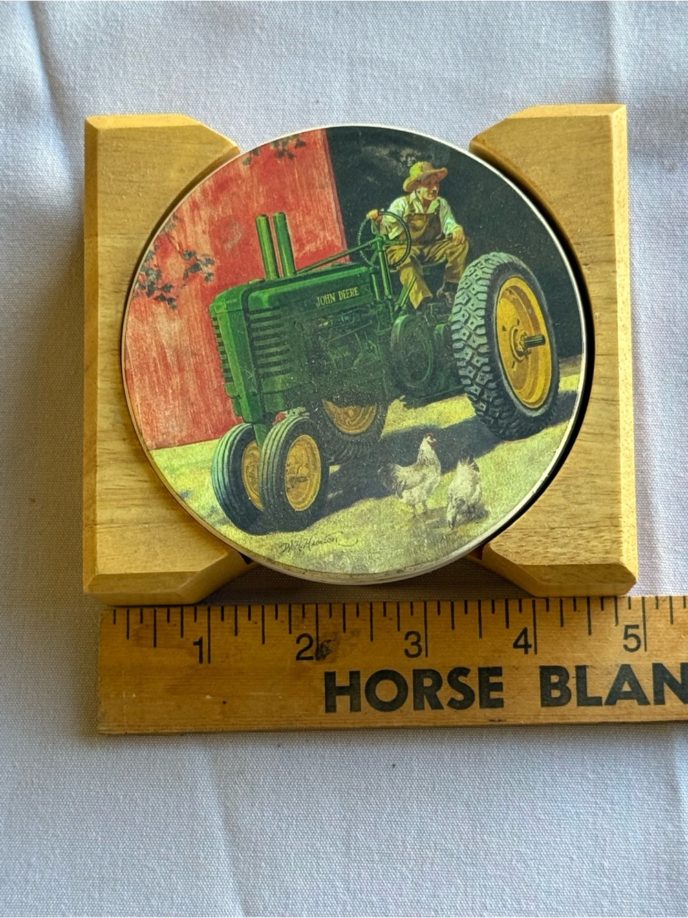 John Deere Green and Yellow Tractor Coaster with Wooden Holder